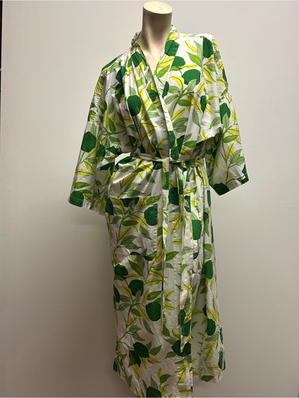 Printfresh S/M Lemon Print Cotton Robe Green White Kimono Belted